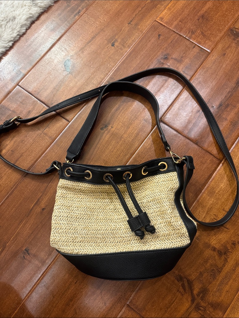 Black and Natural Straw Drawstring Crossbody Bucket Bag